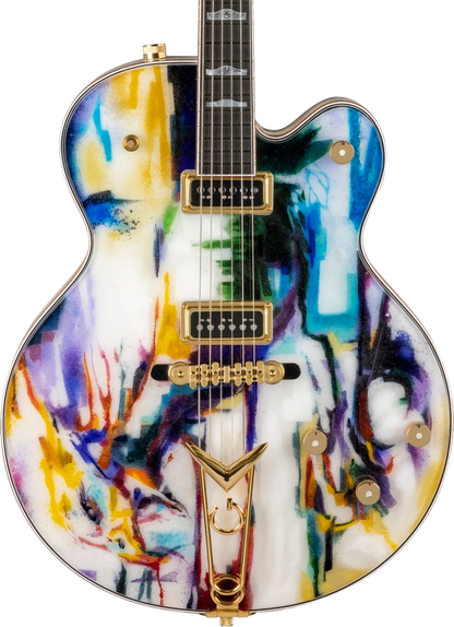 Front of GRETSCH CUSTOM SHOP G6136-55 FUSED GLASS WHITE FALCON NOS MASTERBUILT BY STEPHEN STERN WHITE WITH CUSTOM ILLUMINATED FUSED GLASS TOP BY TIM CAREY.