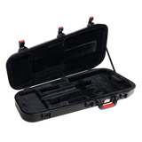 Opened Gator Patent Pending TSA Molded Plastic Case for Headless guitars by Ibanez, Strandberg, Aristides, Kiesel to the left.
