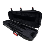 Opened Gator Patent Pending TSA Molded Plastic Case for Headless guitars by Ibanez, Strandberg, Aristides, Kiesel angled to the right.