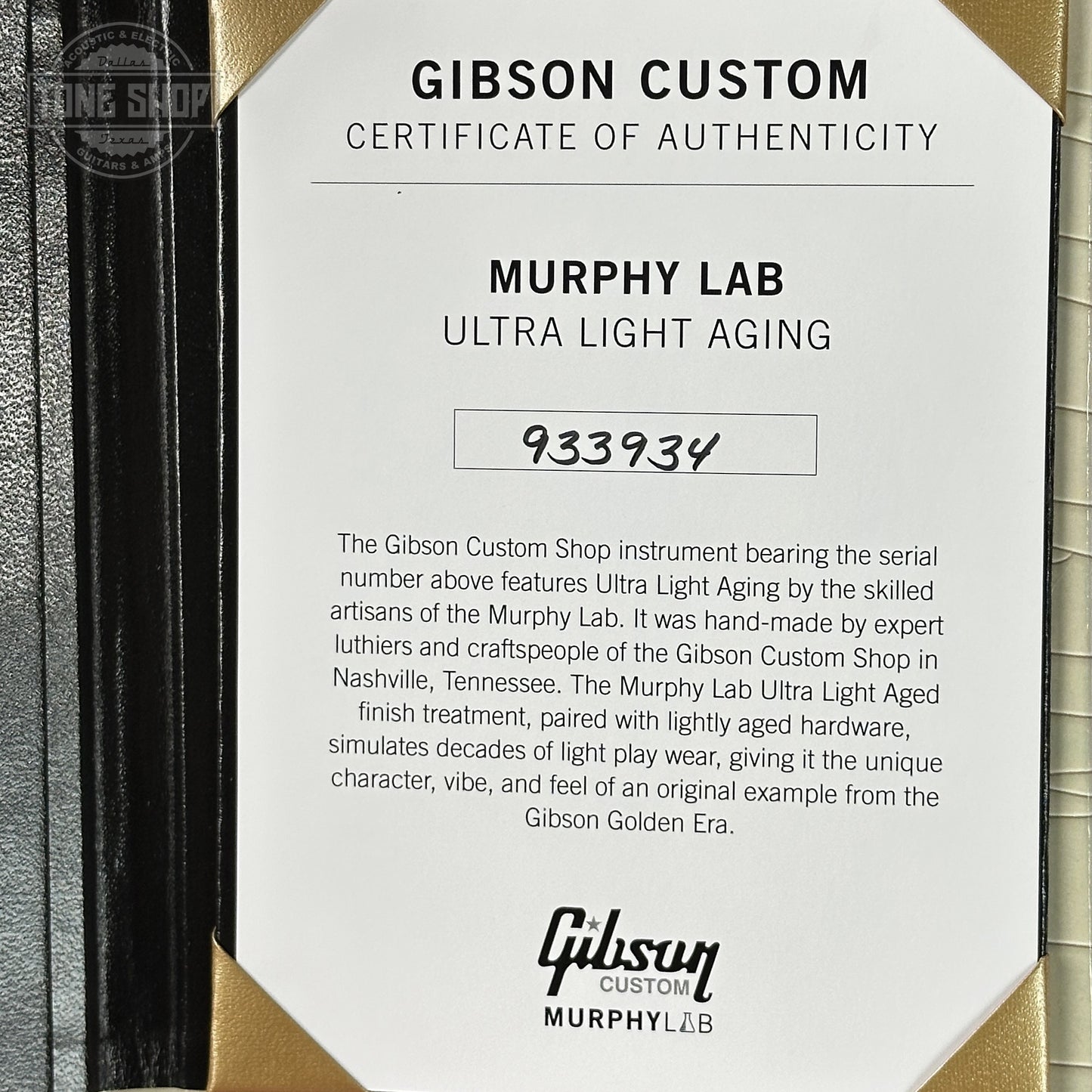 Certificate of Authenticity for Gibson Custom 1959 Les Paul Sunrise Tea Burst Ultra Light Aged 933934.