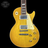 Front of Gibson Custom Dealer Select 1958 Les Paul Chambered Lemon Burst Light Aged 84634.