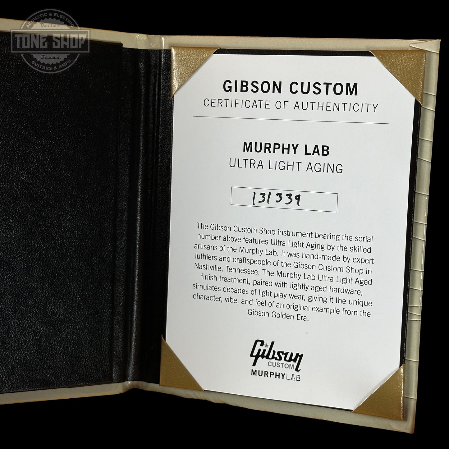 Certificate of Authenticity for Gibson Custom Dealer Select 1964 ES-335 Double Gold w/Black Stinger Ultra Light Aged.