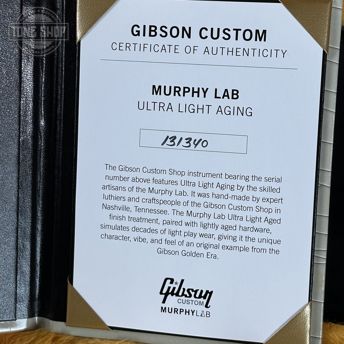 Certificate of Authenticity for Gibson Custom Dealer Select 1964 ES-335 Double Gold w/Black Stinger Ultra Light Aged 131340.