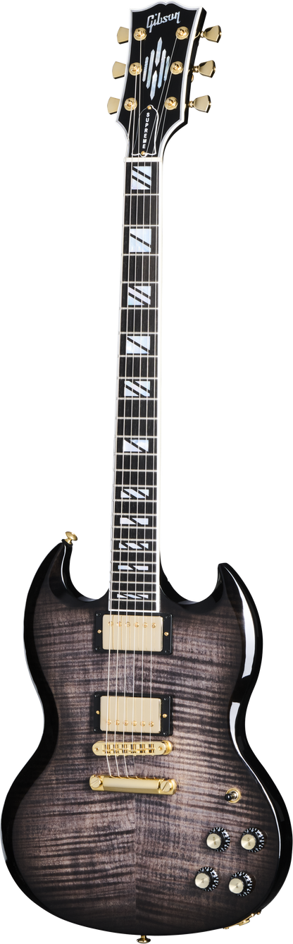 Full frontal of Gibson SG Supreme Translucent Ebony Burst.