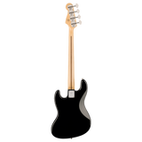 A black electric bass guitar shown from the back, featuring a glossy black body, natural wood neck, and four white tuning pegs, isolated on a white background.