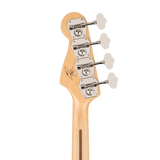Close-up of the headstock of a four-string bass guitar in a natural wood finish, featuring four white cloud-shaped tuning keys and silver tuning machines on a white background.