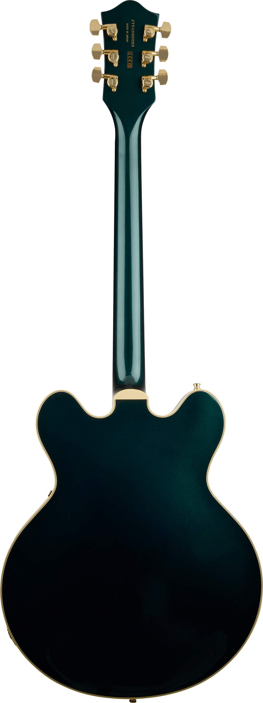 Back of Gretsch Broadkaster LX Center Block String-Thru Bigsby Ebony Cadillac Green.