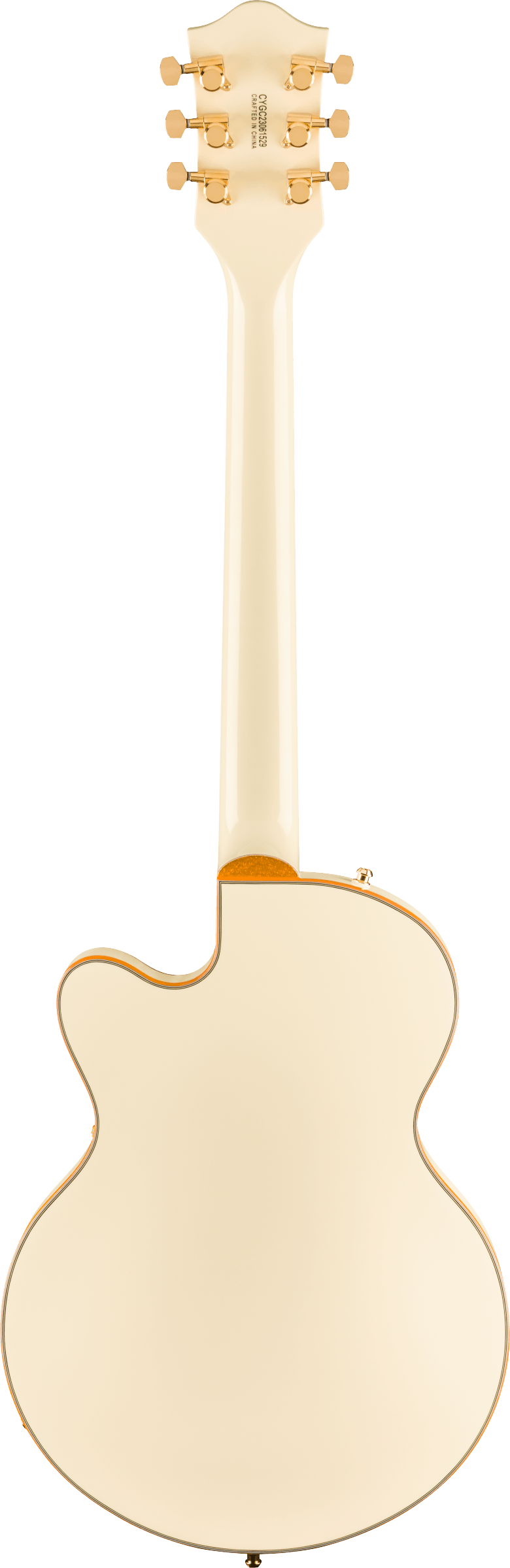 Back of Gretsch Electromatic Chris Rocha Broadkaster Jr CenterBlock Rosewood Vintage White.