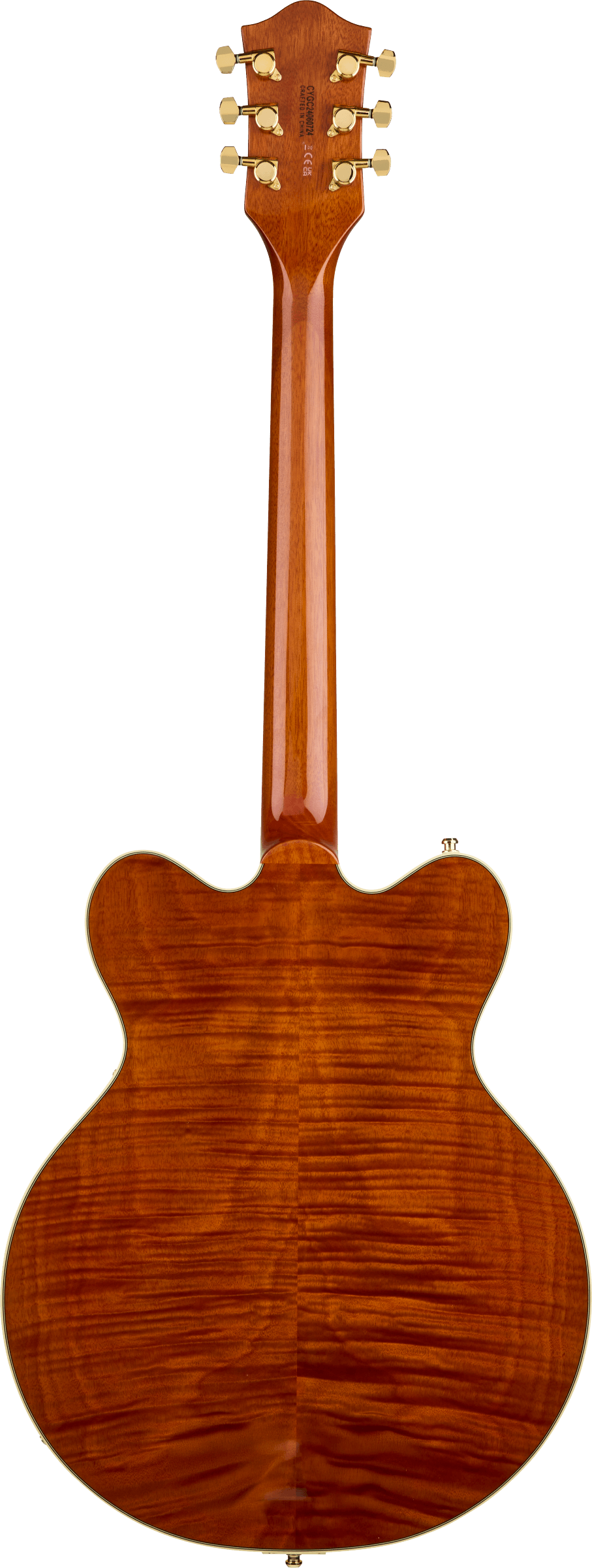 Back of Gretsch Electromatic LTD Flame Okoume Broadkaster Double-Cut Bigsby Rosewood Roundup Orange.