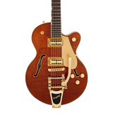 Front of Gretsch Electromatic LTD Flame Okoume Broadkaster Jr. Single-Cut Bigsby Rosewood Roundup Orange.