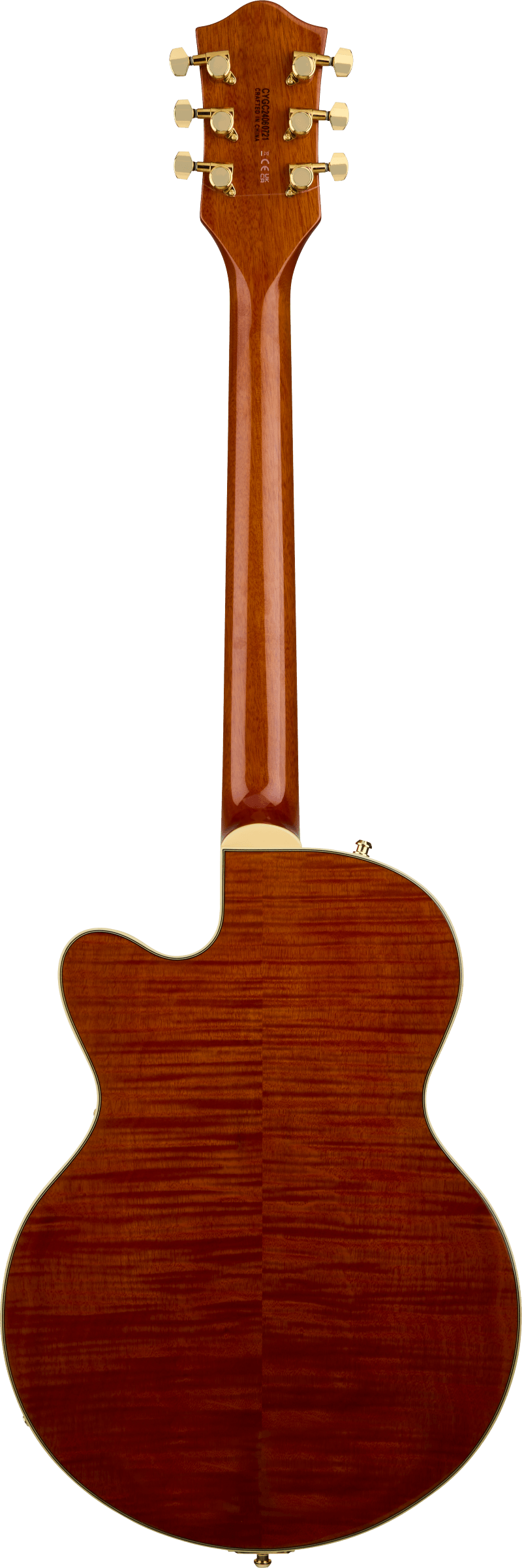 Back of Gretsch Electromatic LTD Flame Okoume Broadkaster Jr. Single-Cut Bigsby Rosewood Roundup Orange.