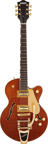 Full frontal of Gretsch Electromatic LTD Flame Okoume Broadkaster Jr. Single-Cut Bigsby Rosewood Roundup Orange.