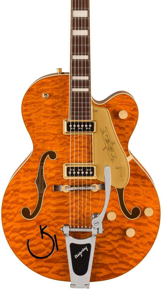 Front of Gretsch G6120TGQM56 Limited Edition Quilt Classic Chet Atkins HollowBody wBigsby Roundup Orange Stain Lacquer.