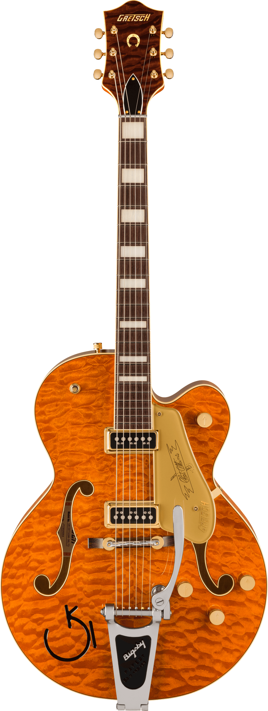 Full frontal of Gretsch G6120TGQM56 Limited Edition Quilt Classic Chet Atkins HollowBody wBigsby Roundup Orange Stain Lacquer.