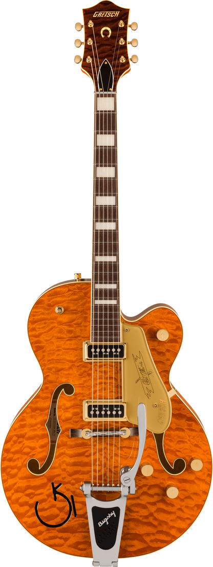 Full frontal of Gretsch G6120TGQM56 Limited Edition Quilt Classic Chet Atkins HollowBody wBigsby Roundup Orange Stain Lacquer.