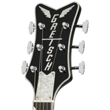 Headstock of Gretsch G6134T-58 Limited Edition Penguin with String-Thru Bigsby Light Blue Pearl.