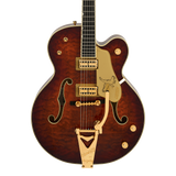 Front of Gretsch G6136TGQM-59 Limited Edition Quilt Classic Falcon Bigsby Forge Glow.