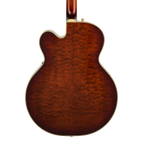 Back of body of Gretsch G6136TGQM-59 Limited Edition Quilt Classic Falcon Bigsby Forge Glow.