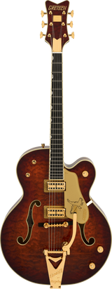 Full frontal of Gretsch G6136TGQM-59 Limited Edition Quilt Classic Falcon Bigsby Forge Glow.