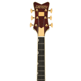 Headstock of Gretsch G6136TGQM-59 Limited Edition Quilt Classic Falcon Bigsby Forge Glow.