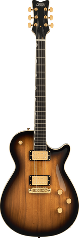 Full frontal of Gretsch Limited Edition Electromatic Black Limba Jet Ebony Sunburst.