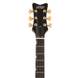 Headstock of Gretsch Limited Edition Electromatic Black Limba Jet Ebony Sunburst.
