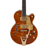 Front of Gretsch Limited Edition Falcon Center Block Jr. Bigsby Quilted Maple Ebony Roundup Orange.