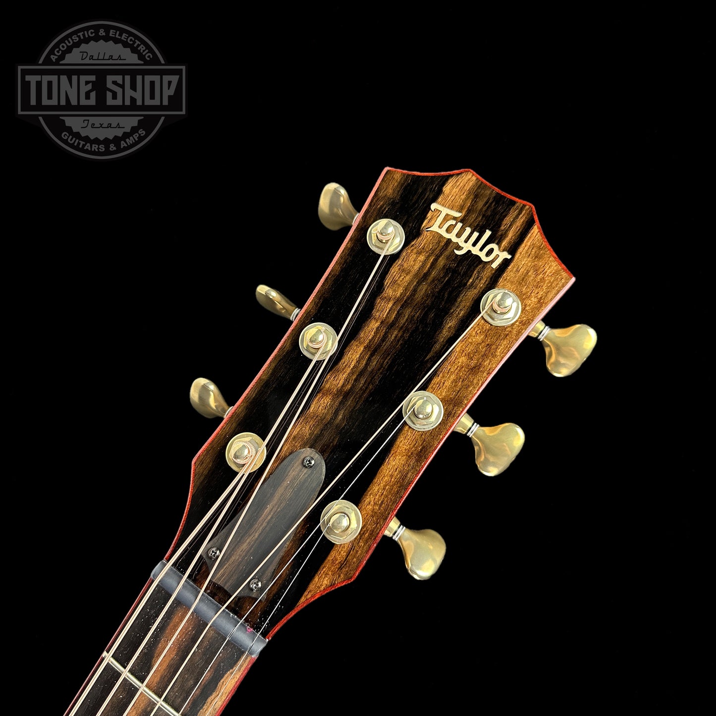 Front of headstock of Taylor Custom GC Flamed Maple #12509.