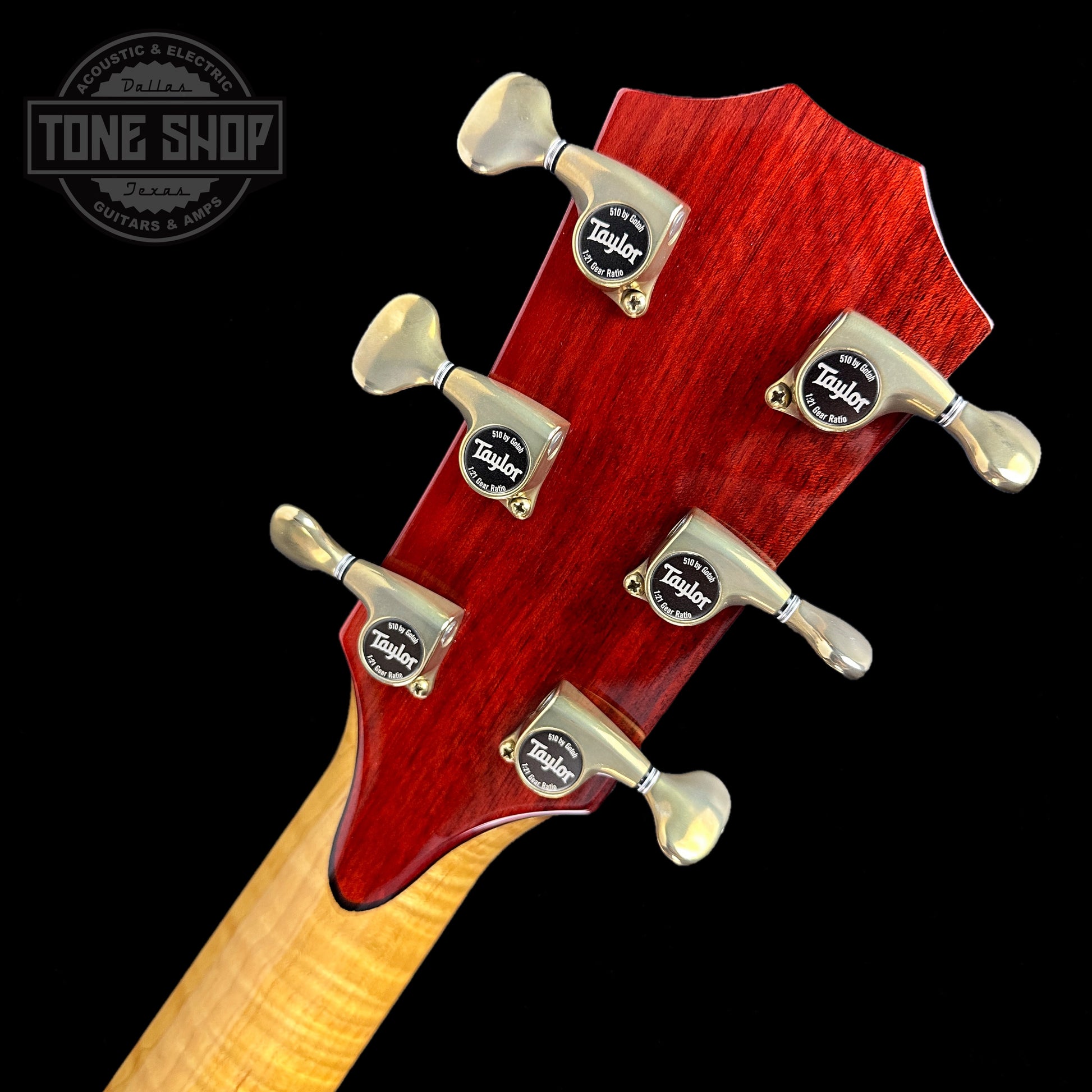 Back of headstock of Taylor Custom GC Flamed Maple #12509.