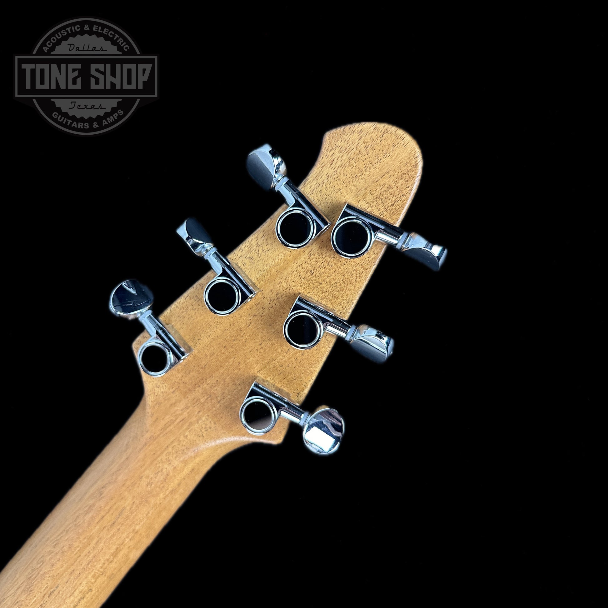 Back of headstock of Powers Electric A-Type Select Maple Solana Sunset FF42 Pearl Delrin Warm.