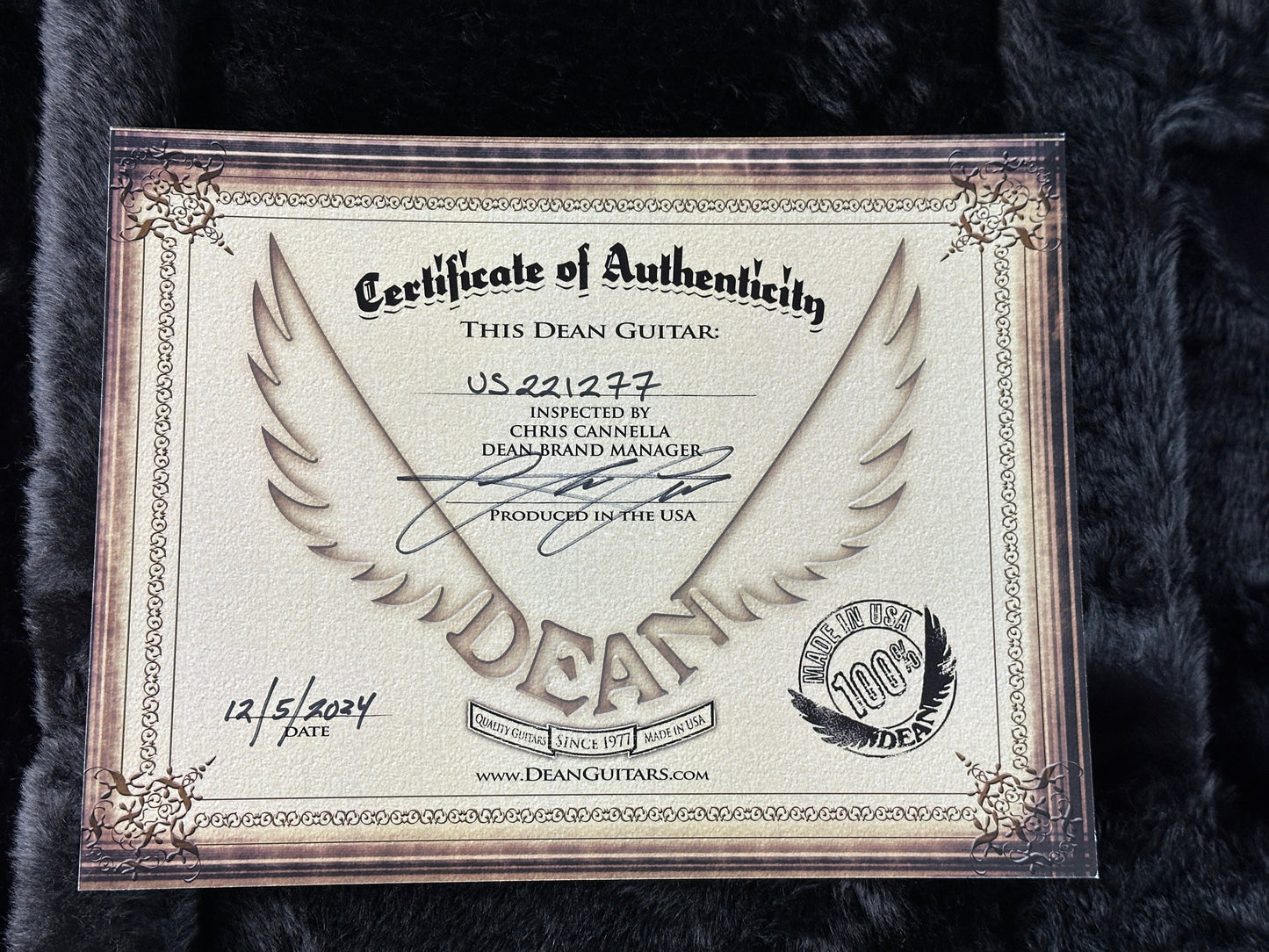 Certificate of Authenticity for Dean USA Custom Shop ML Natural Oil Finished Flamed Maple.
