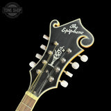 Headstock of Used Epiphone Mandolin MM50E /VN Natural.