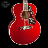 Front angle of Gibson Custom Made 2 Measure SJ-200 Candy Apple Red Gloss LR Baggs VTC.