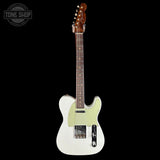 A white electric guitar with a light green pickguard and a brown wood neck, shown against a solid black background. A 'TONE SHOP' watermark is visible in the top-left corner.