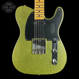 Front of Fender Custom Shop TSG Exclusive ’52 Telecaster Chambered Chartreuse Sparkle Journeyman Relic.