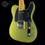 Front angle of Fender Custom Shop TSG Exclusive ’52 Telecaster Chambered Chartreuse Sparkle Journeyman Relic.
