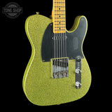 Front angle of Fender Custom Shop TSG Exclusive ’52 Telecaster Chambered Chartreuse Sparkle Journeyman Relic.