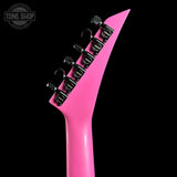 Back of headstock of Jackson Custom Shop USA Special Edition Soloist Platinum Pink.