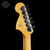 Back of headstock of Used Squier 70's Classic Vibe Stratocaster Natural.