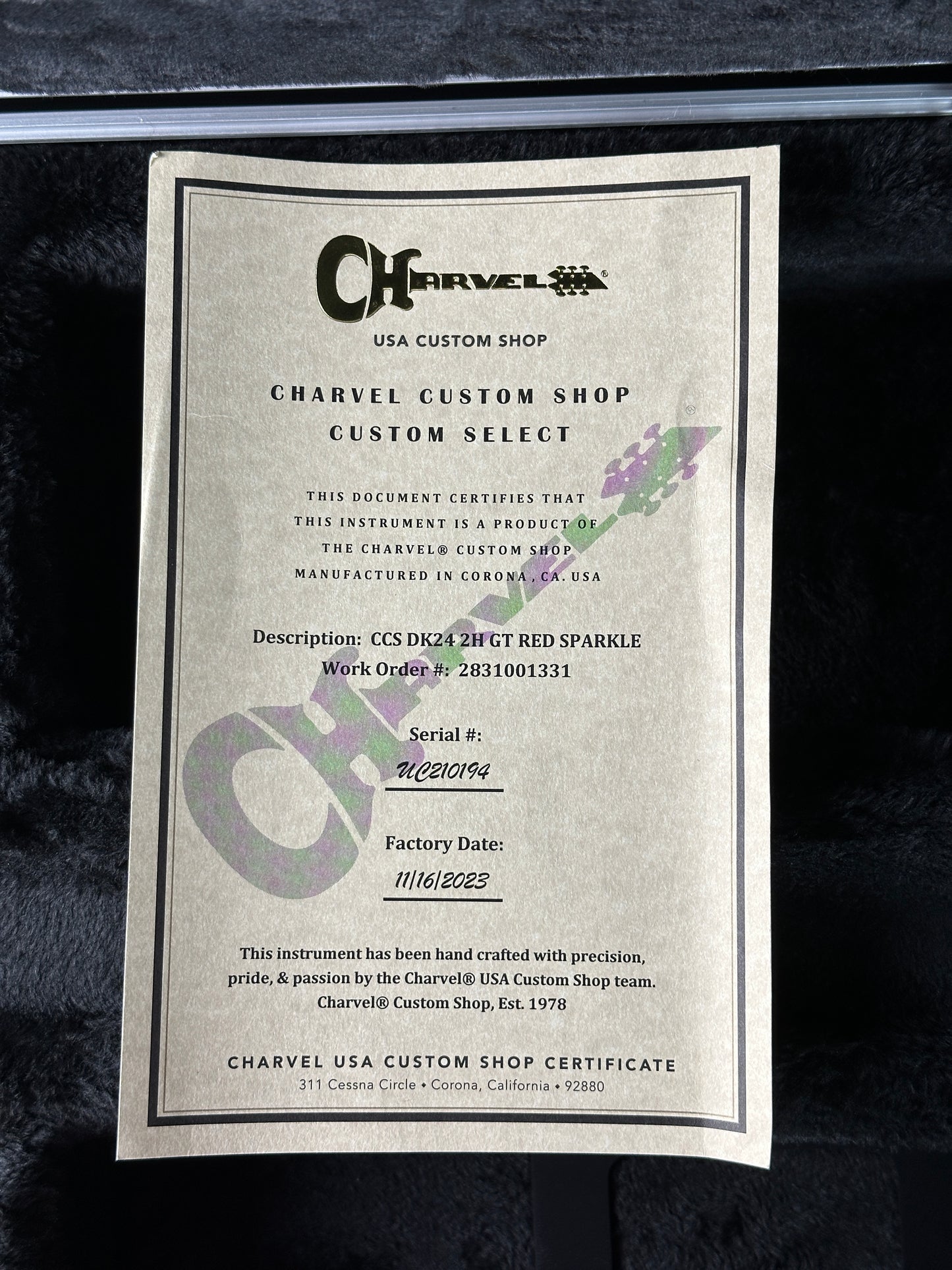 Certificate of authenticity for Used Charvel DK24 2H Red Sparkle.