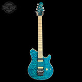 Full front of Ernie Ball Music Man 30th Anniversary Axis Translucent Blue Quilt.