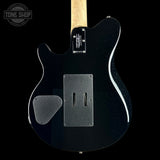 Back of Ernie Ball Music Man 30th Anniversary Axis Translucent Blue Quilt.