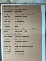 Spec sheet for Martin Custom Shop Dread 28 Style 1933 Ambertone Adirondack / Guatemalan Rosewood.