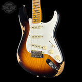 Front angle of Fender Custom Shop Time Machine '57 Strat Heavy Relic Faded Aged 2 Color Sunburst w/case CZ552350.