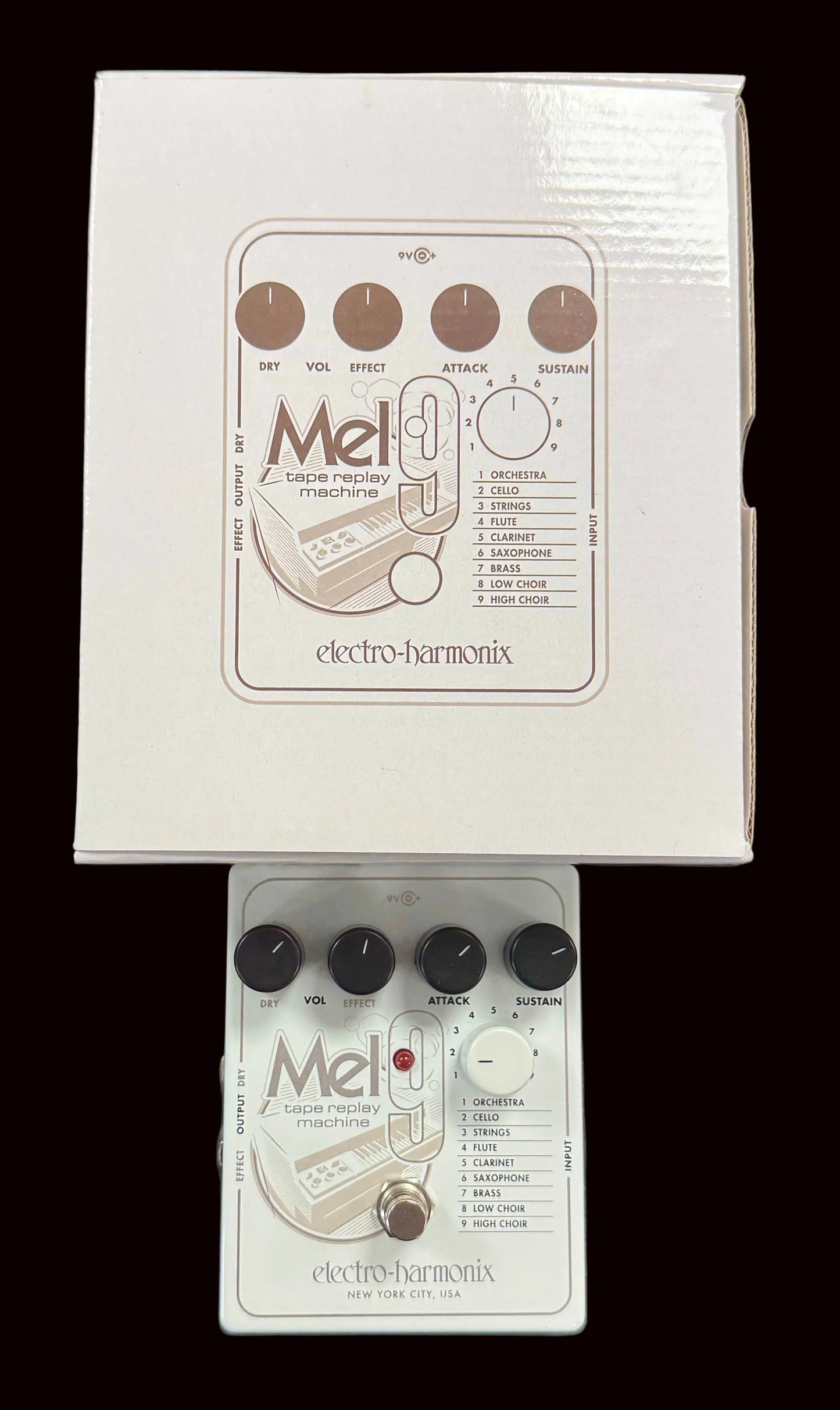 Electro-Harmonix Mel wah pedal on a wooden surface with packaging above it.