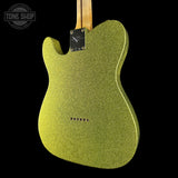 Back angle of Fender Custom Shop TSG Exclusive ’52 Telecaster Chambered Chartreuse Sparkle Journeyman Relic.
