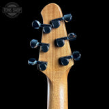 Back of headstock of Powers Electric A-Type Select Washed Cherry / Garnet Red.