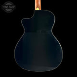The back of a dark glossy acoustic-electric guitar with a cutaway body and a visible natural wood neck, shown against a solid black background.