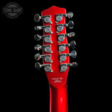 Close-up rear view of a red double-neck guitar headstock with eight silver tuning pegs and white printed serial number 180005, shown against a black background with a Tone Shop watermark in the top-left corner.
