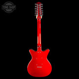 A bright red double-cutaway electric guitar shown from the back, featuring a glossy finish, dual humbucker pickups, and a headstock with ten strings, set against a solid black background.